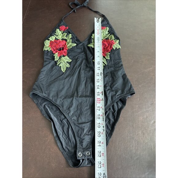 Forever 21 Black Floral Embroidered Halter Bodysuit Womens S - Picture 5 of 6